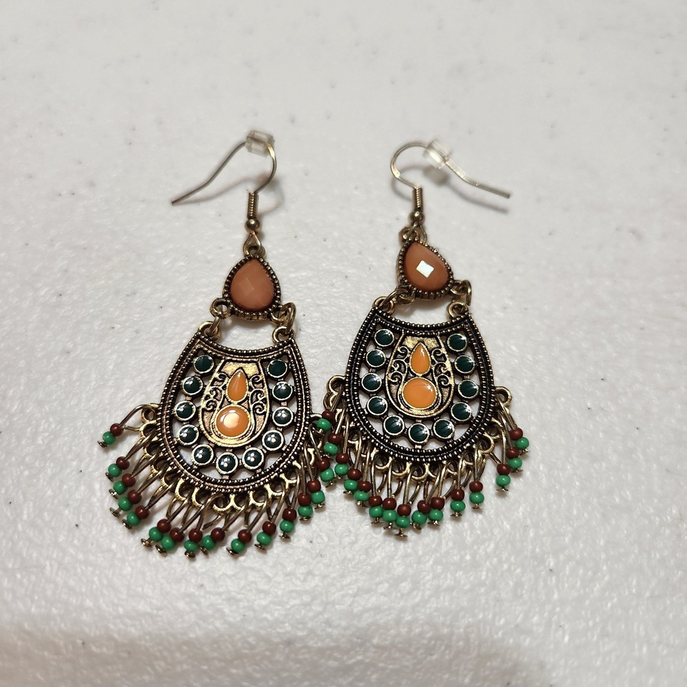 Bohemian Antique Gold Tone Chandelier Drop Earrings Orange Green Beads 2.75"